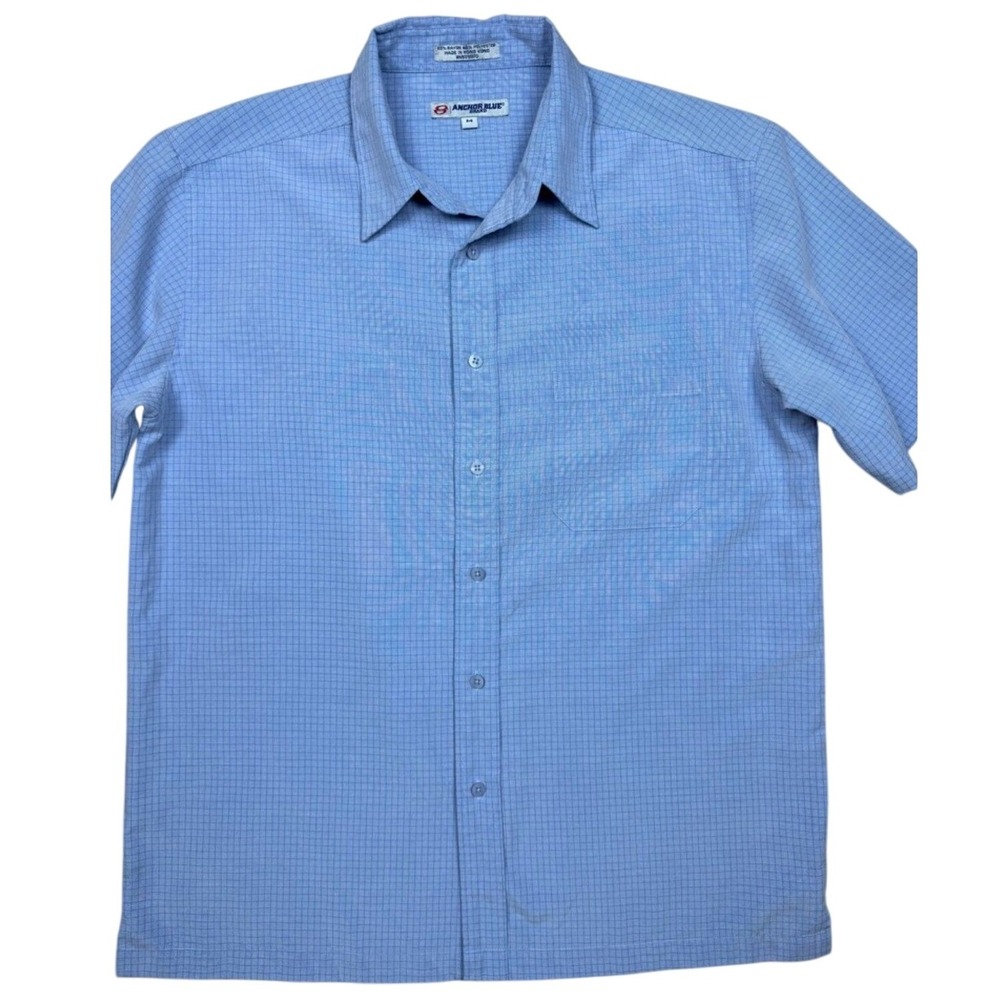 VTG Anchor Blue Y2K Micro Check Short Sleeve Button Down Shirt
